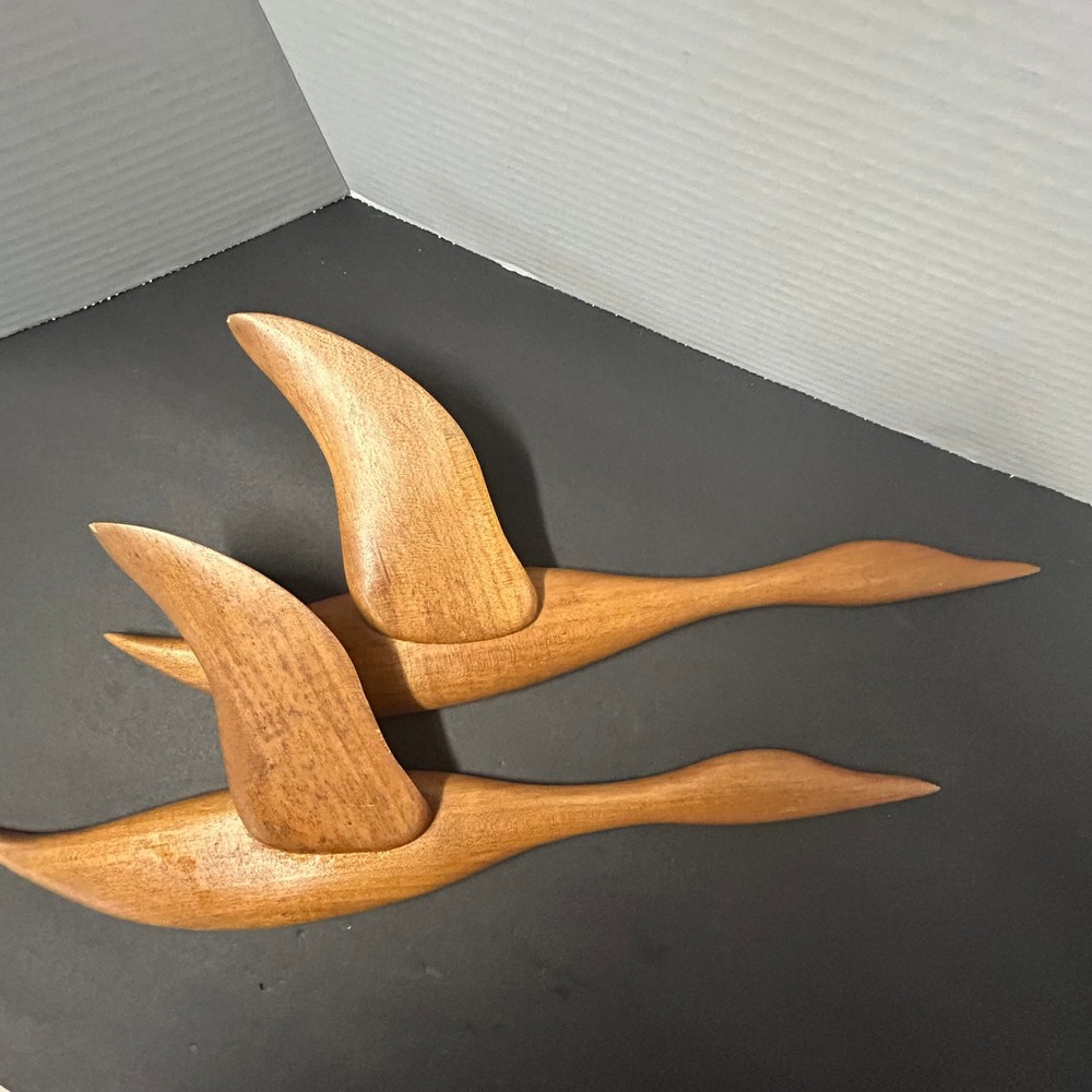 Vintage Wooden Flying Ducks Wall Decor Set of 2 Brown MCM Hand Carved